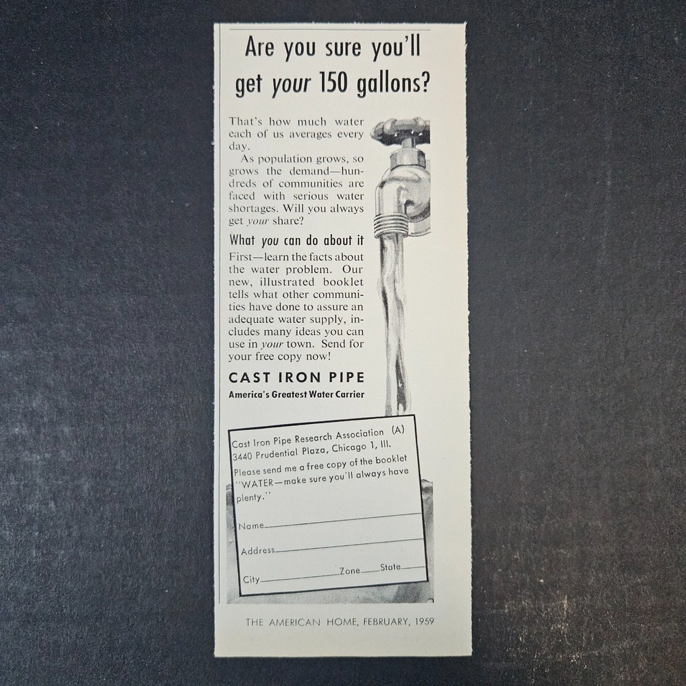1959 Cast Iron Pipe Research Association Vintage Print Ad Chicago IL Water Carry